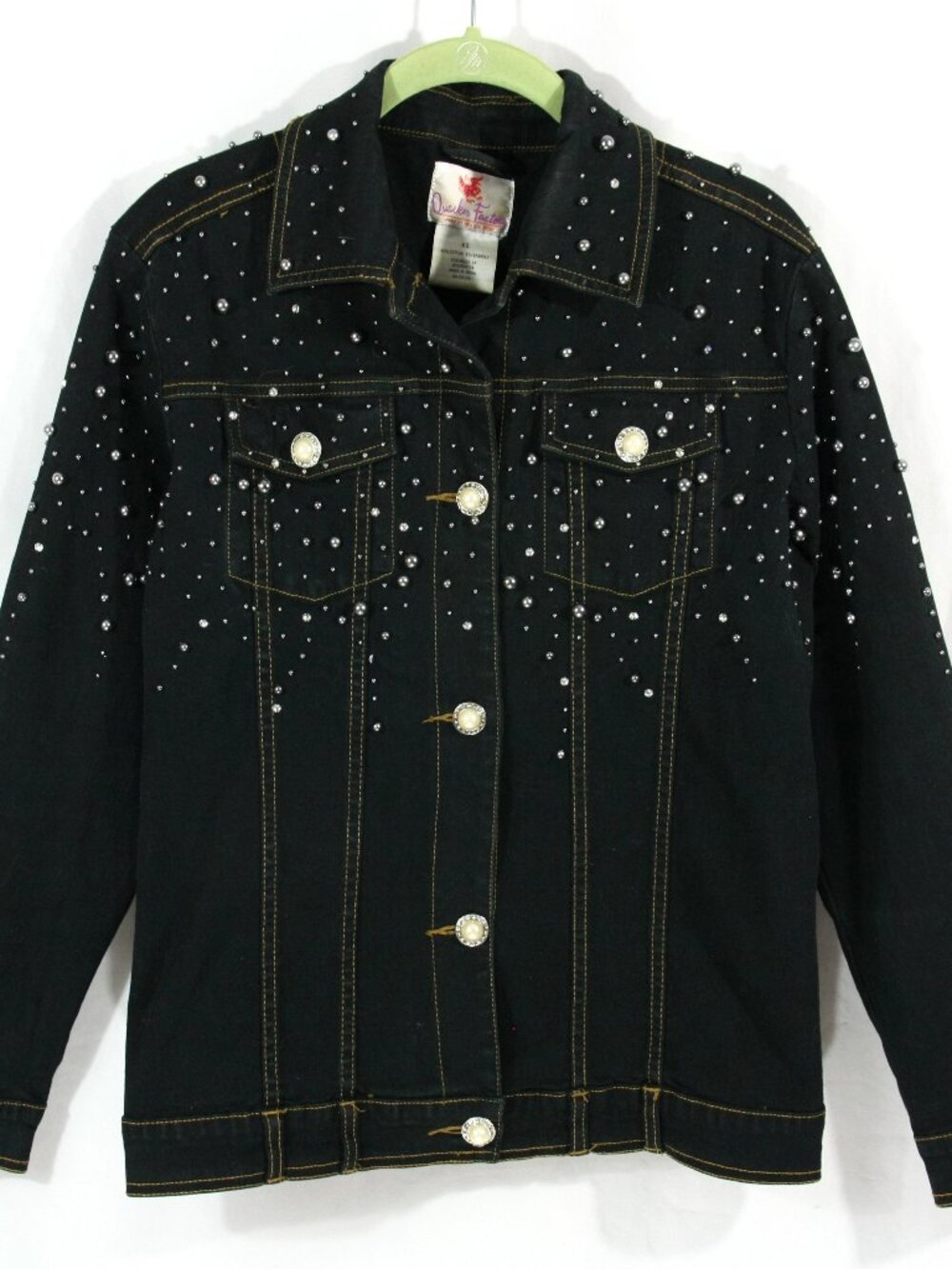 Quaker Factory Beaded Rhinestone Cotton Black Denim Jean Jacket S XS